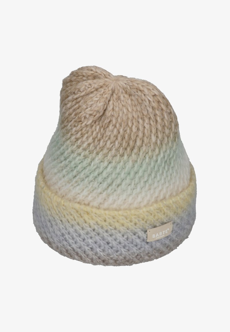 Knit beanie hat featuring a gradient pattern in beige, green, yellow, and gray, with a small branded tag on the side.