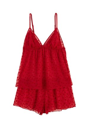 Rode doorschijnende cami met hartjespatronen, verstelbare spaghettibandjes, gelaagd ontwerp en losse shorts. Lichtgewicht, zachte textuur.