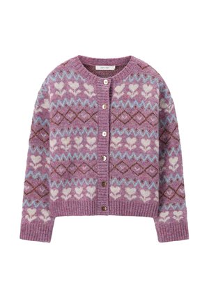 Purple knit cardigan with button closure, featuring a pattern of white hearts, blue zigzags, and brown diamond shapes.