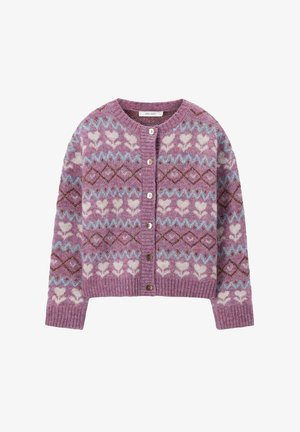 Cardigan en maille violet avec fermeture à boutons, présentant un motif de cœurs blancs, zigzags bleus et formes losanges marron.