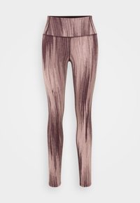 Leggings de cintura alta em rosa suave com riscas abstratas castanhas escuras, apresentando uma textura suave e um corte ajustado.