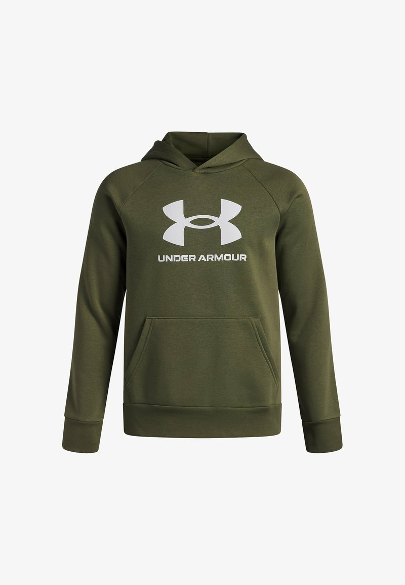 Sudadera verde oliva con bolsillo frontal y logo blanco de Under Armour centrado en el pecho, exhibida sobre un fondo blanco liso.