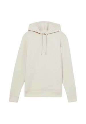 Lichtbeige hoodie gemaakt van zacht materiaal. Kenmerken zijn een capuchon met trekkoord, ribgebreide manchetten en een rechte zoom. Eenvoudig, minimalistisch ontwerp.
