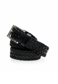 Cintura in pelle nera intrecciata con una fibbia in metallo argento. Caratterizzata da una tessitura testurizzata e una finitura resistente, si avvolge su se stessa per la visualizzazione.