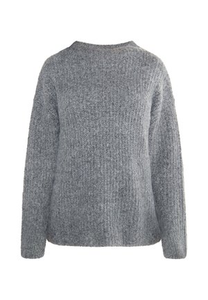 Grauer Strickpullover mit langen Ärmeln, strukturiertem Stoff, rundem Ausschnitt und lockerer Passform. Keine sichtbaren Muster oder Akzente.