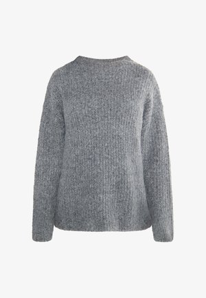 Grijze gebreide trui met lange mouwen, textielstructuur, ronde halslijn en een ontspannen pasvorm. Geen zichtbare patronen of accenten.