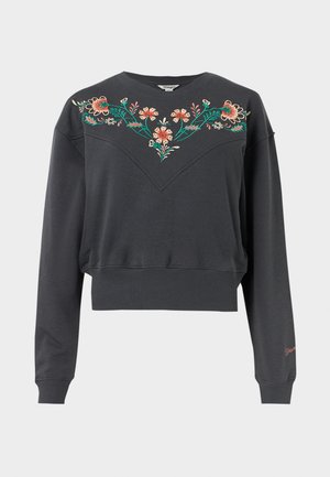 Σκούρο γκρι cropped φούτερ με μακριά μανίκια, ριμπ μανσέτες και τελείωμα, με πολύχρωμη κεντητή λουλουδένια διακόσμηση στο στήθος και τους ώμους.