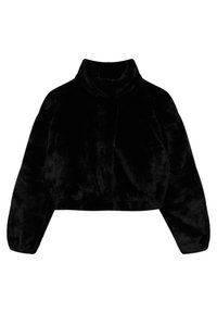 Sort cropped faux fur jakke med lange ærmer og høj krave, designet til varme og stil.