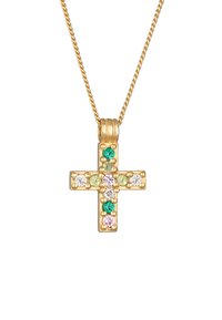 Guld kors vedhæng på en kæde, med flerfarvede sten (grøn, pink, klar) sat i en struktureret overflade med en poleret finish.