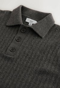 Ciemnoszara dzianinowa koszulka polo z teksturowaną powierzchnią, trzema brązowymi guzikami i kołnierzykiem. Etykieta z napisem „NEXT Relaxed Fit”.