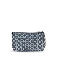 Bustina blu navy con motivo geometrico grigio, realizzata in un tessuto morbido. Dotata di una cerniera argento e un attacco per il portachiavi.