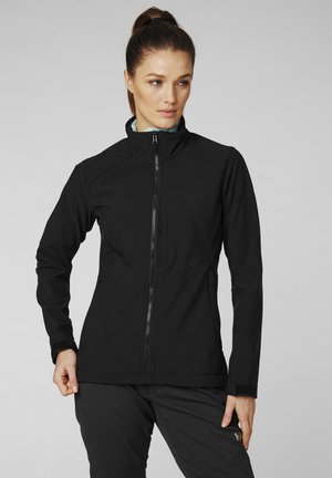 Zwarte softshelljas met een hoge kraag, voorkeursrits en slim fit. Voorzien van zakken en een gladde, waterbestendige stof.