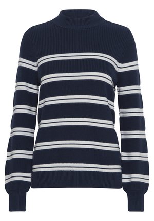 Pull en tricot bleu marine avec des rayures horizontales blanches, col haut et poignets côtelés. Tissu texturé, coupe décontractée, épaisseur moyenne.