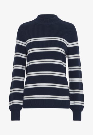Pull en tricot bleu marine avec des rayures horizontales blanches, col haut et poignets côtelés. Tissu texturé, coupe décontractée, épaisseur moyenne.