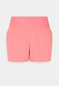 Vaaleanpunaiset urheilushortsit leveällä joustavalla vyötärönauhalla ja sileällä pinnalla. Alaosassa oikealla puolella on hienovarainen logo.