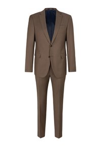 Braun Anzug aus strukturiertem Stoff; verfügt über einen rechtem Kragen, zwei Knöpfe und zwei Vorderaschen; Innenfutter in Navy.