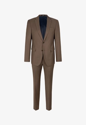 Completo marrone realizzato in tessuto strutturato; presenta un colletto a rever, due bottoni e due tasche frontali; interno foderato in blu navy.