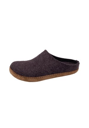 Dark gray felt slip-on slipper with brown stitched sole, closed toe, and open back shown from side on white background.