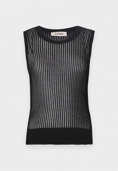 Top de malha preto sem mangas com listas verticais e uma textura semi-transparente. Confeccionado em material macio e elástico para um silhueta ajustada.