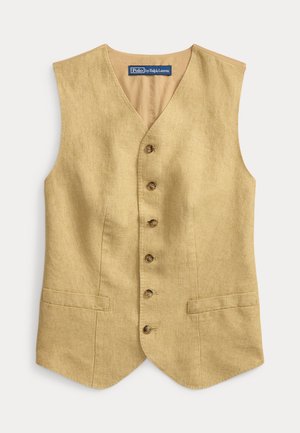 Μπεζ λινό αμάνικο γιλέκο με πέντε κουμπιά μπροστά και δύο μπροστινές τσέπες με σχέδιο welt, ετικέτα Polo by Ralph Lauren στο εσωτερικό γιακά.