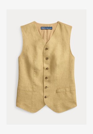 Vestă fără mâneci din in bej, cu cinci nasturi pe față și două buzunare cu deschizături în față, etichetă Polo by Ralph Lauren pe partea din interior a gulerului.