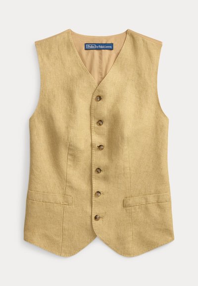 Μπεζ λινό αμάνικο γιλέκο με πέντε κουμπιά μπροστά και δύο μπροστινές τσέπες με σχέδιο welt, ετικέτα Polo by Ralph Lauren στο εσωτερικό γιακά.