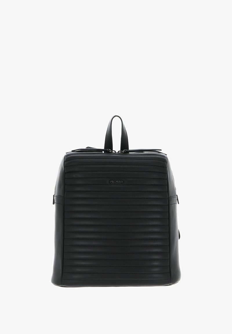 Black backpack made of textured leather, featuring vertical ridges, a top handle, and a zip closure. Brand logo displayed on the front.