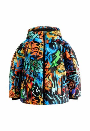 Veste à capuche style graffiti colorée avec fermeture éclair à l'avant et poches latérales, arborant des tons orange, bleu, vert et noir.