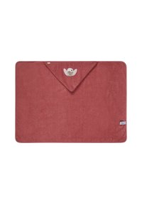 Red terry cloth bath towel featuring a hood with a cartoon animal design. Soft texture with a bordered edge and logo accent in the corner.