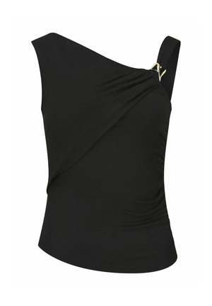 Schwarzes asymmetrisches ärmelloses Oberteil mit einem Träger, der eine goldfarbene Schnalle und dezente, geraffte Stoffdetails aufweist.