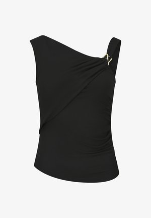 Schwarzes asymmetrisches ärmelloses Oberteil mit einem Träger, der eine goldfarbene Schnalle und dezente, geraffte Stoffdetails aufweist.