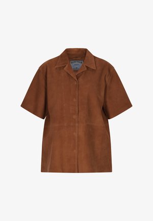Brown suede short-sleeve shirt jacket featuring a classic collar, front buttons, and clean lines with a smooth texture.