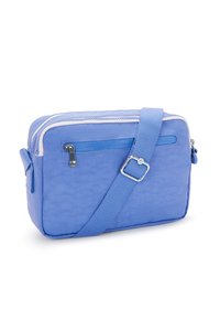 Borsa a tracolla blu in tessuto testurizzato, con doppia cerniera, tasca frontale e tracolla regolabile. Presenta un fondo liscio e rinforzato.
