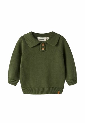 Pull bébé vert tricoté avec manches longues, un col et deux boutons marron au niveau de l'encolure.