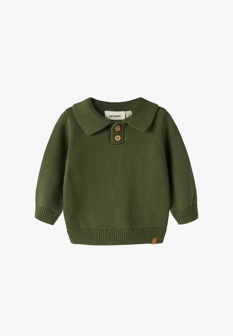 Pull bébé vert tricoté avec manches longues, un col et deux boutons marron au niveau de l'encolure.