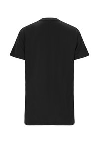 Sort kortærmet T-shirt fremstillet af glat, let stof; har en rund halsudskæring og en afslappet pasform uden synlige dekorationer.