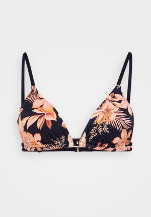 Λουλουδάτο μπικίνι τοπ με navy φόντο, ραβδωτή υφή και ρυθμιζόμενους μαύρους ιμάντες. Διαθέτει μοτίβα ροζ και ροδακινί λουλουδιών με λεπτομέρεια κάτω από το στήθος.