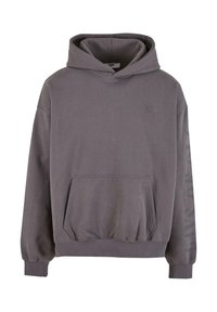 Felpa con cappuccio grigia in cotone, dotata di tasca frontale, polsini a costine e vestibilità leggermente ampia. Presenta il logo "DEF" e il marchio lungo la manica.