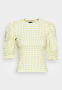 Top amarelo de quadrados (gingham) com mangas curtas e volumosas, com punhos franzidos, feito de um tecido texturizado, apresentando um decote redondo canelado.
