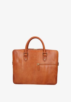 Brun læder dokumentmappe med to håndtag, lynlås lomme foran og guld lynlås detalje på hvid baggrund.