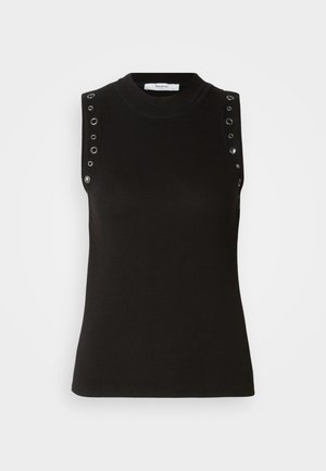 Mustast värvist varrukateta topp, millel on kõrge kaelus, sooniline tekstuur ja hõbedased silmaaugud õmbluste kohal õlgadel.