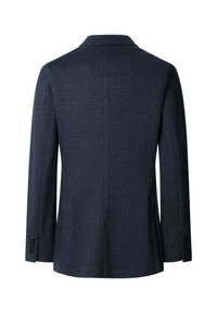 Pánské sako tmavě modré barvy s jemným károvaným vzorem, dlouhými rukávy a manžetami na tři knoflíky, zobrazené zezadu.