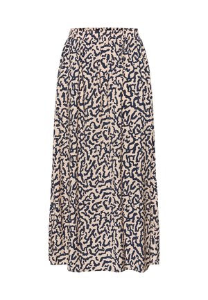 Beige Midi-Rock mit schwarzem abstraktem Wellenmuster und elastischem Bund, fließendem Stoff und seitlichen Taschen.