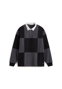 Långärmad pique-tröja med ett lapptäckesdesign i gråa och svarta nyanser, med en vit krage och knappslå. Mjuk bomullsmaterial.