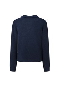 Maglione a maglia blu navy con colletto ripiegato, maniche lunghe e polsini e orlo a costine. Presenta una texture liscia e una vestibilità comoda.