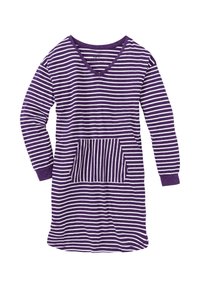 Abito a righe viola e bianche con scollatura a V, maniche lunghe e tasca frontale con righe verticali. Tessuto morbido con leggera texture.