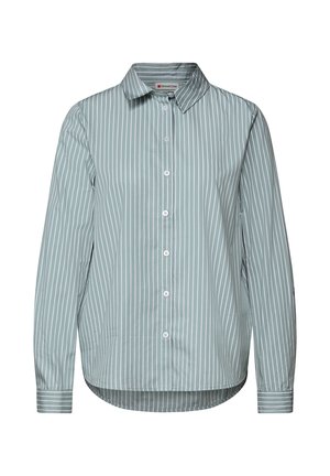 Camicia a maniche lunghe verde chiaro con bottoni, decorata con strisce verticali bianche e colletto a punta.