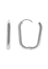 Boucles d'oreilles en argent avec un design arrondi, une texture lisse et une forme minimaliste. Une boucle est présentée de côté.
