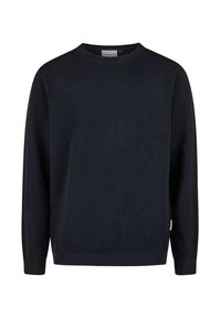 Dunkelblaues gestricktes Sweatshirt mit strukturiertem Muster, rundem Ausschnitt, gerippten Bündchen und Saum sowie einem kleinen Logotag an der Seite.