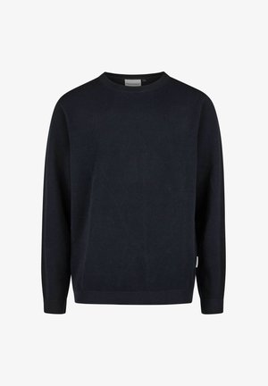 Dunkelblaues gestricktes Sweatshirt mit strukturiertem Muster, rundem Ausschnitt, gerippten Bündchen und Saum sowie einem kleinen Logotag an der Seite.